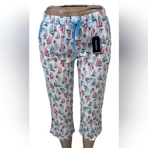 NEW Nautica Pajama Pants Size S Sailboat Print White Elastic Waist Cotton NWT